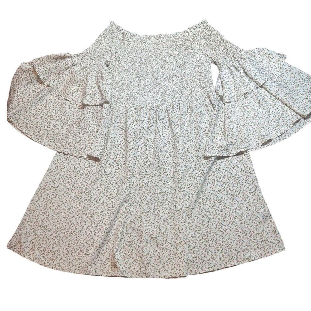 Shein Rouched Off the Shoulder Flare Sleeve Floral Long Tunic Size 2XL Boho